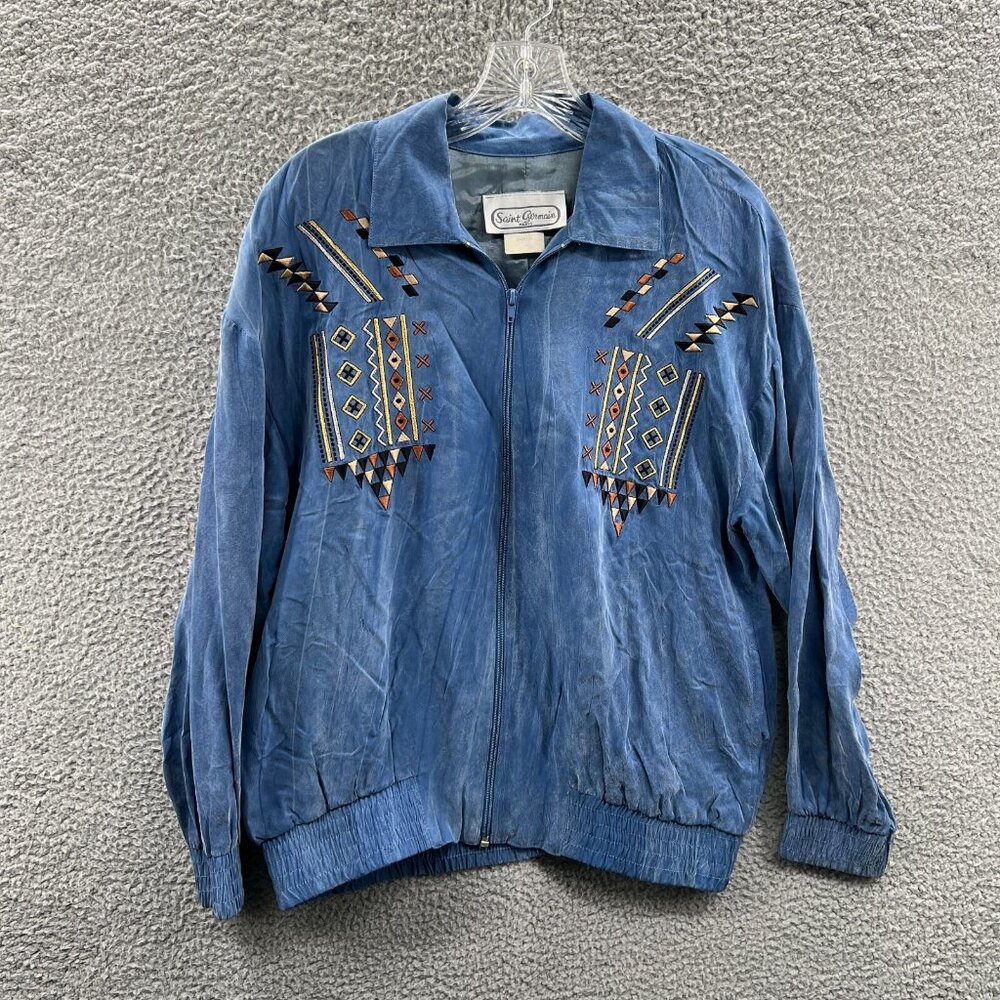 Saint‎ Germain Women Jacket Small Blue Embroidered Zip Front Lined Vintage USA